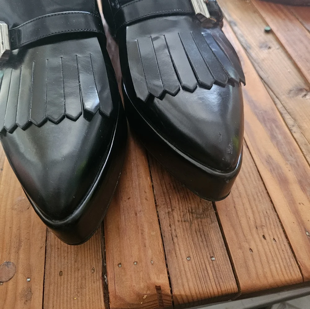 Prada Black Leather Kiltie Loafers with Silver Buckle - Picture 9 of 9